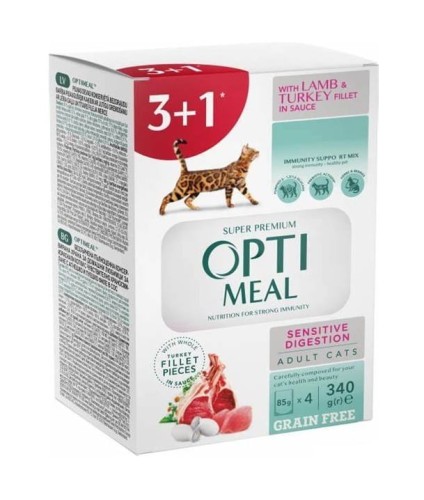 OPTIMEAL dla KOTÓW Jagnięcina i indyk w sosie SENSITIVE 85g 3+1 GRATIS