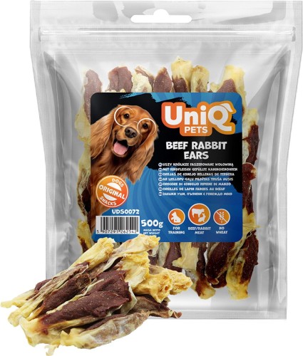 UNIQ PETS Uszy królicze faszerowane wołowiną 500g