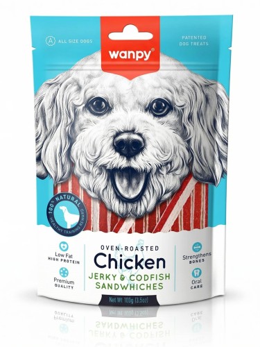 WANPY dla psa Chicken Jerky & Codfish Sandwiches Kanapka z kurczaka i dorsza 100g