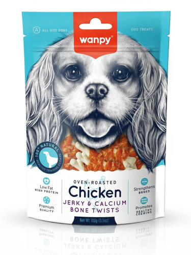 WANPY dla psa Chicken Jerky & Calcium Bone Twists Kostki wapniowe owinięte kurczakiem 100g