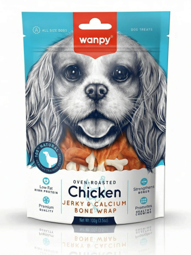 WANPY dla psa Chicken Jerky & Calcium Bone Wrap Udka kurczaka na wapniowej kostce 100g