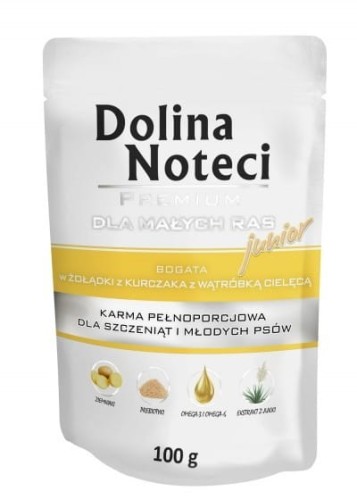 DOLINA NOTECI dla psów małych ras Junior ŻOŁĄDKI Z KURCZAKA, WĄTRÓBKA CIELĘCA 100g